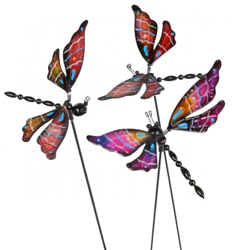 Lot de 3 piquets de jardin libellule 55 cm - décoration métal coloré