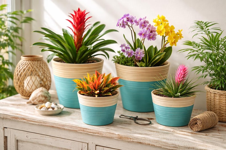 Pot de fleurs en bambou bleu clair avec bord naturel, 4 tailles, pot décoratif moderne pour plantes d'intérieur et de printemps