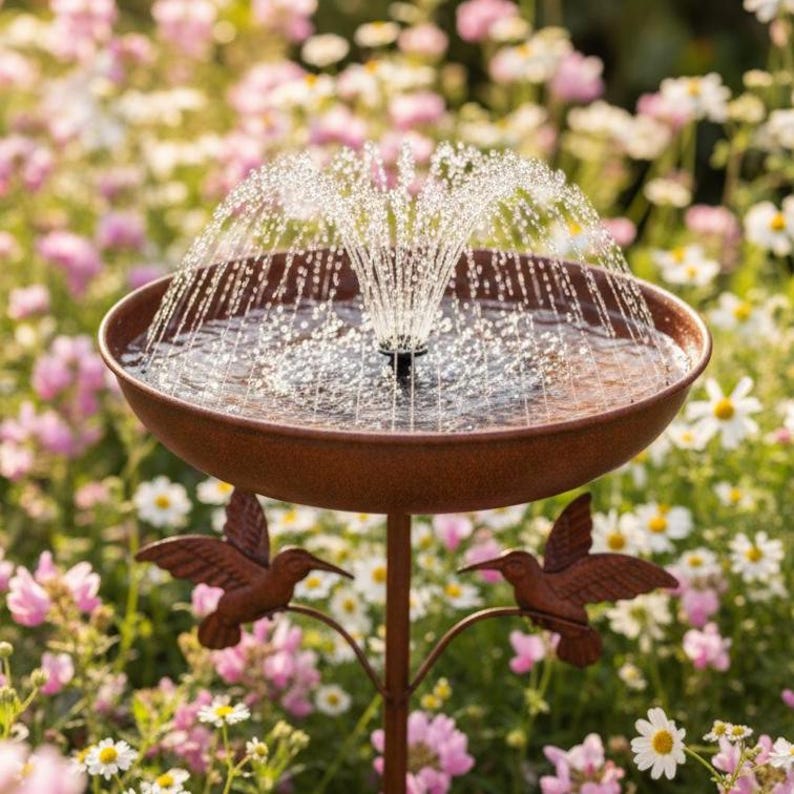 Bain d'oiseau de jardin rustique avec piquet - Bol extérieur en métal antirouille, design vintage, cuivre