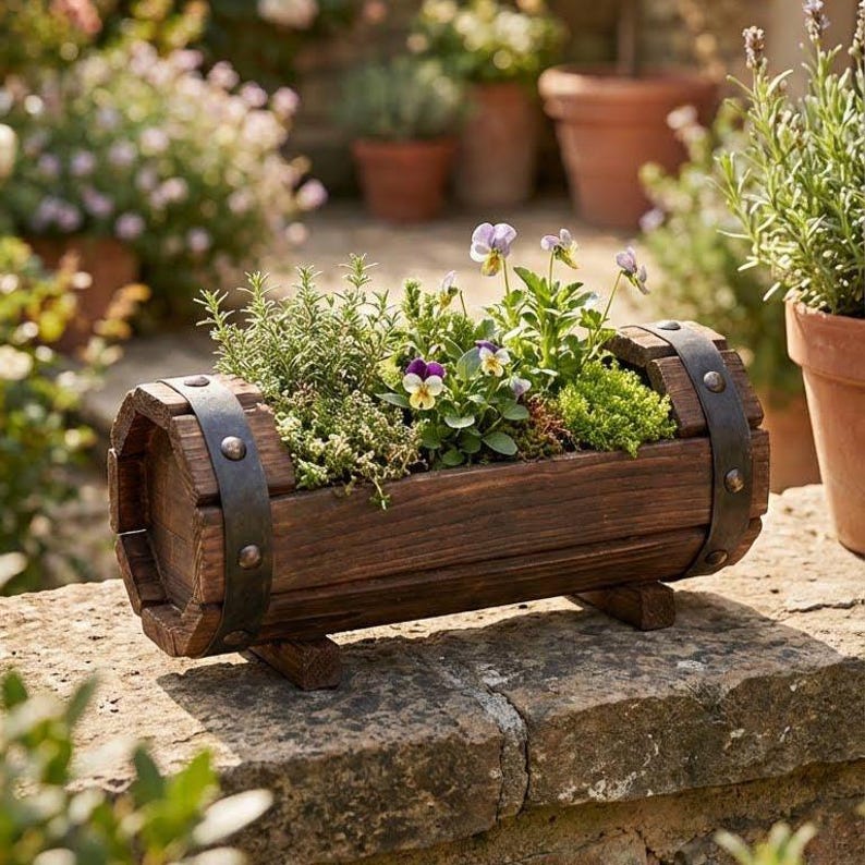 Jardinière en bois rustique pour succulentes avec détails en métal, style campagnard