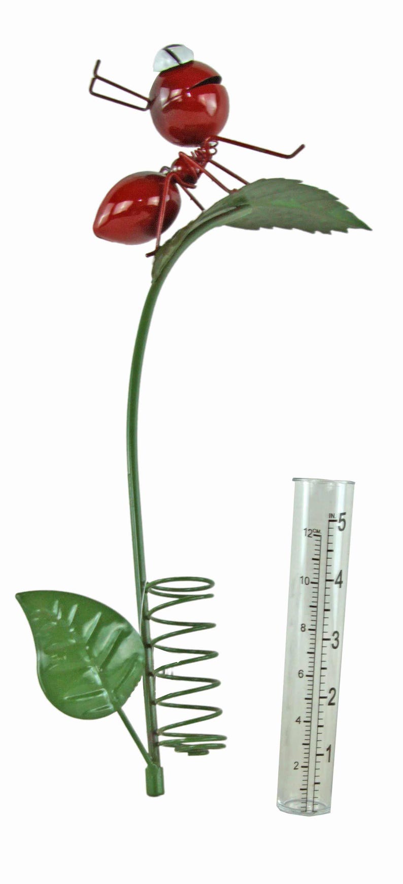 Piquet décoratif de jardin pluviomètre fourmi rouge sur feuille vert métal