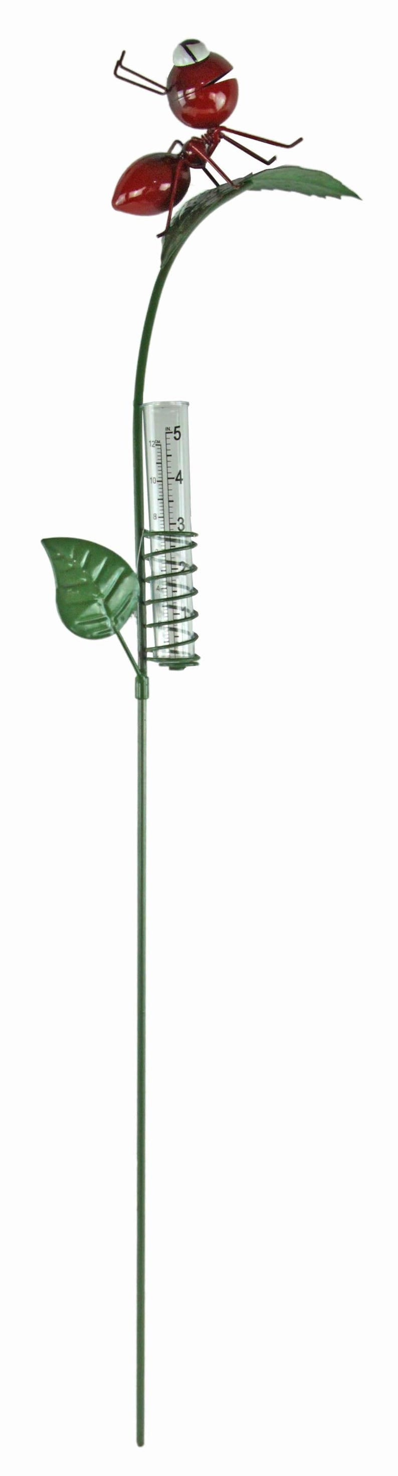 Piquet décoratif de jardin pluviomètre fourmi rouge sur feuille vert métal