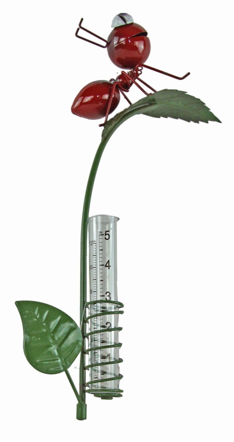 Piquet décoratif de jardin pluviomètre fourmi rouge sur feuille vert métal