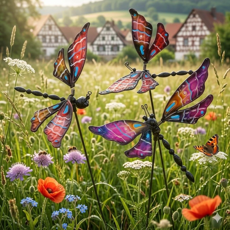 Lot de 3 piquets de jardin libellule 55 cm - décoration métal coloré