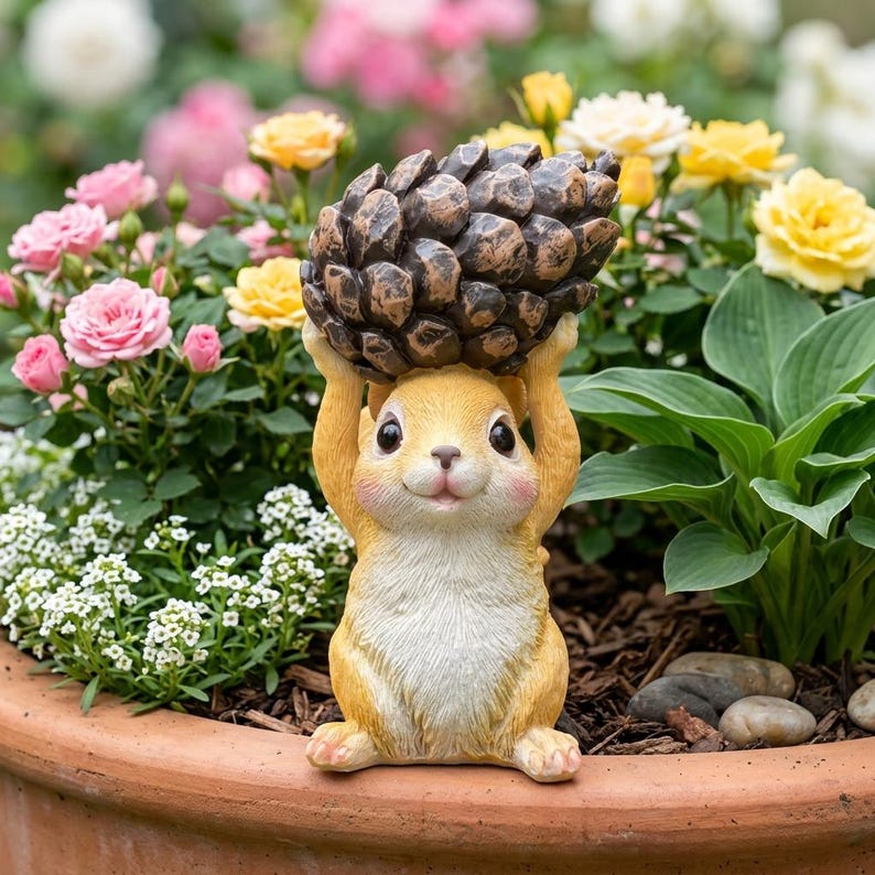 Statuette de jardin écureuil tenant une pomme de pin, figurine animalière en résine pour l'extérieur