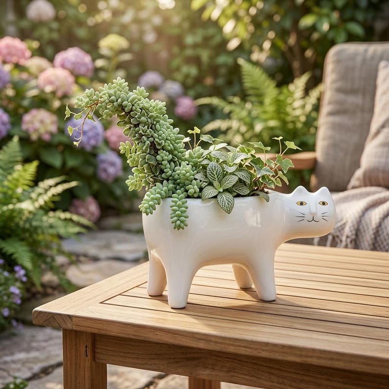 Pot de fleurs chat en céramique blanche, petit pot pour plantes d'intérieur à poser sur un bureau