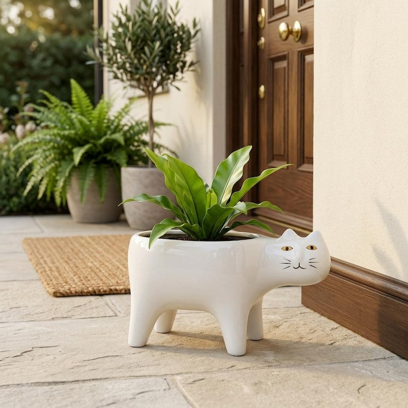 Pot de fleurs chat en céramique blanche, petit pot pour plantes d'intérieur à poser sur un bureau