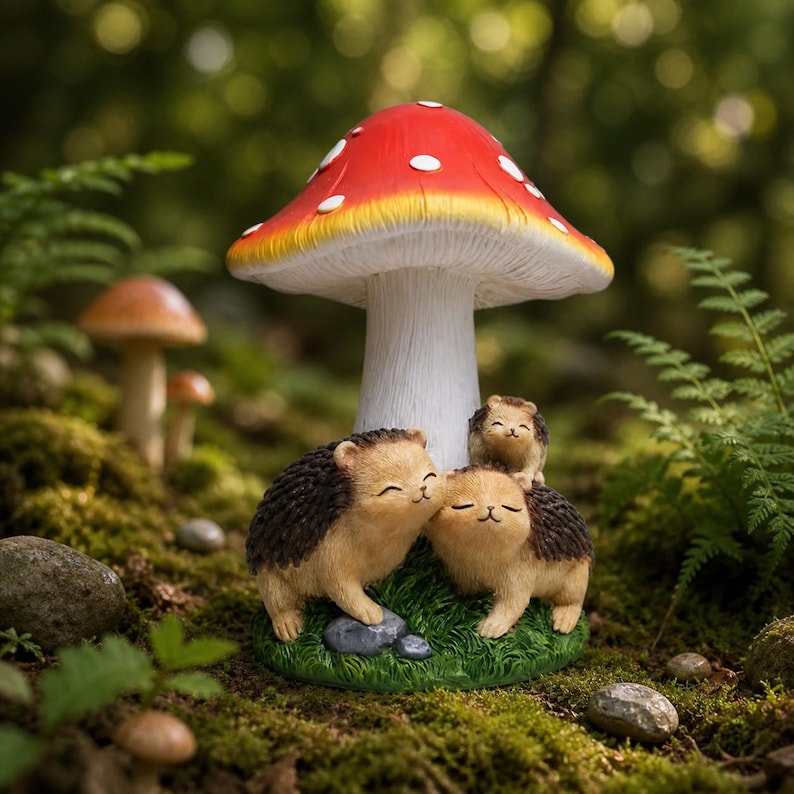 Statue de jardin champignon hérisson résine 21 cm, décoration féerique extérieur, ornement animal forêt