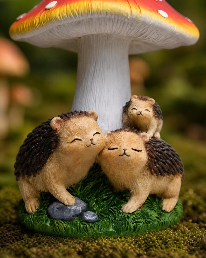 Statue de jardin champignon hérisson résine 21 cm, décoration féerique extérieur, ornement animal forêt