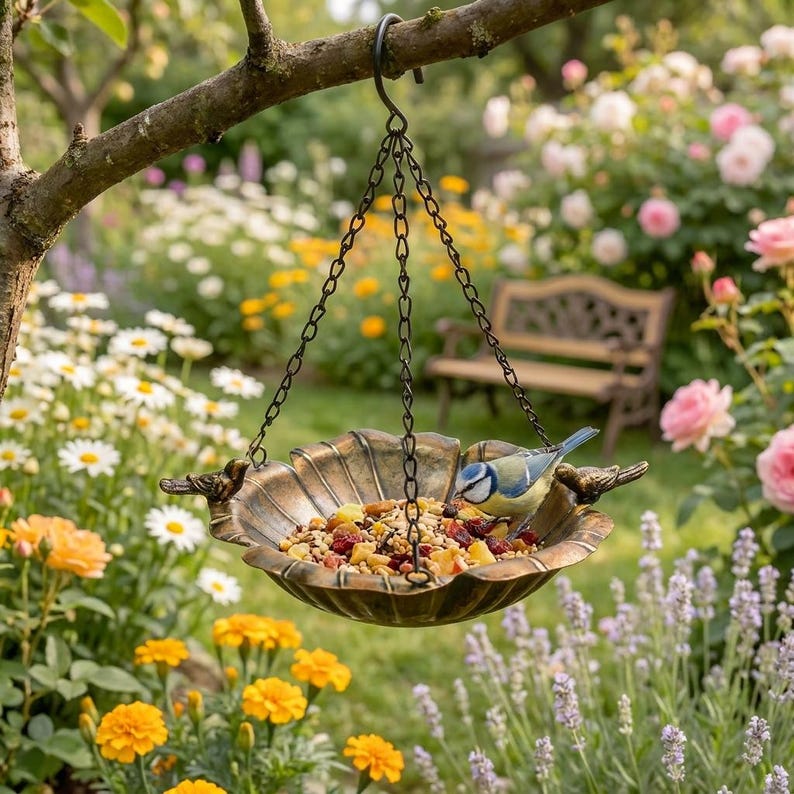 Mangeoire à oiseaux suspendue vintage en métal avec support, bain d'oiseaux décoratif pour jardin terrasse balcon, finition bronze antique