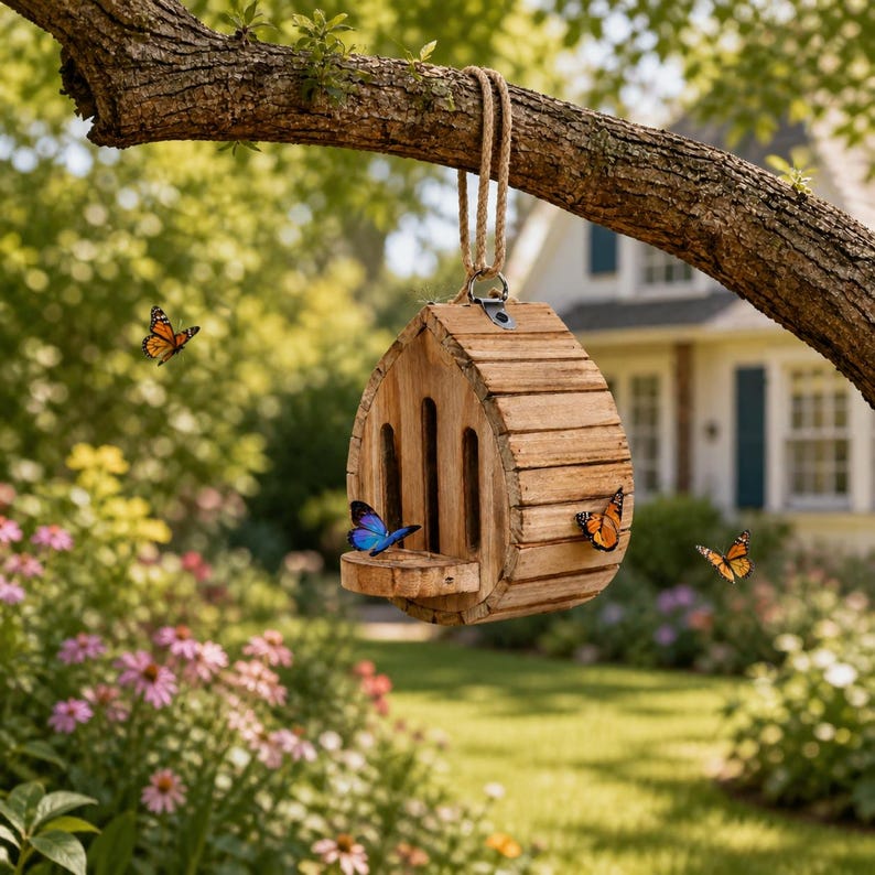 Abri à papillons suspendu en bois pour jardin, terrasse