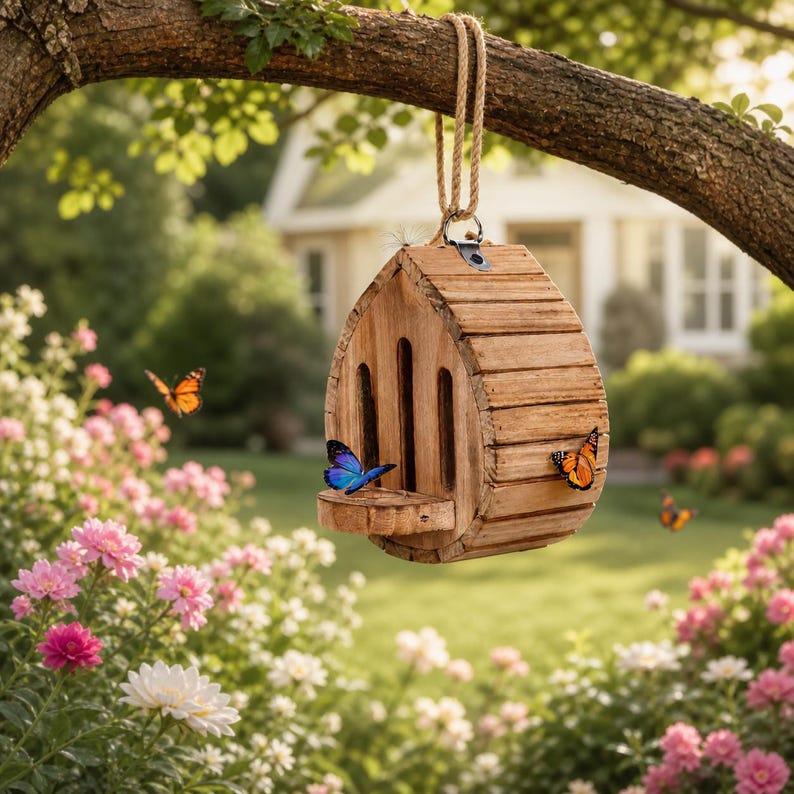 Abri à papillons suspendu en bois pour jardin, terrasse