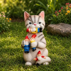 Figurine de chat en résine avec nains, décoration de jardin miniature, ornement extérieur 17,5 cm