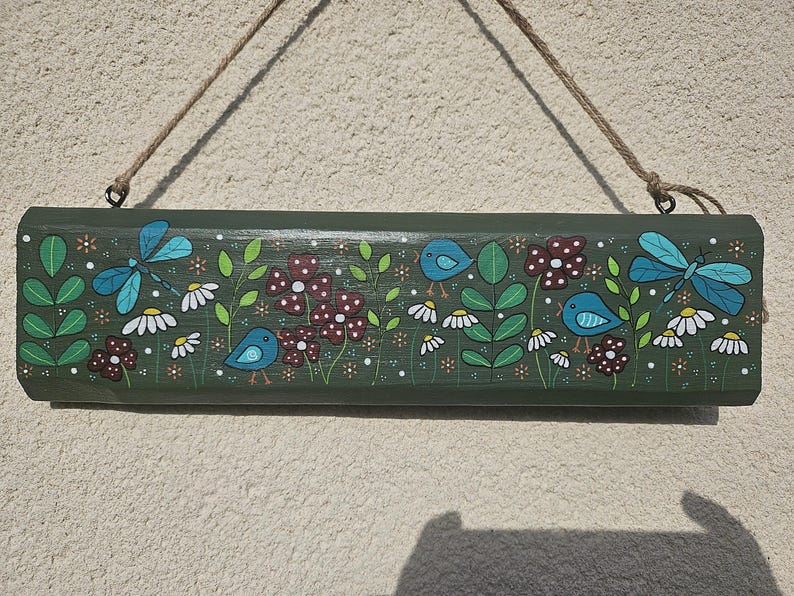 Pancarte de jardin en bois peint à la main - Oiseaux et fleurs - 35,5 x 9,5 cm