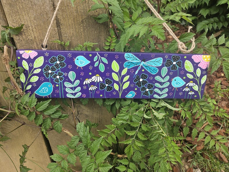 Pancarte de jardin en bois peint à la main avec fleurs multicolores et oiseaux rigolos - 38,5 x 9,5 cm