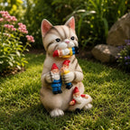 Figurine de chat en résine avec nains, décoration de jardin miniature, ornement extérieur 17,5 cm