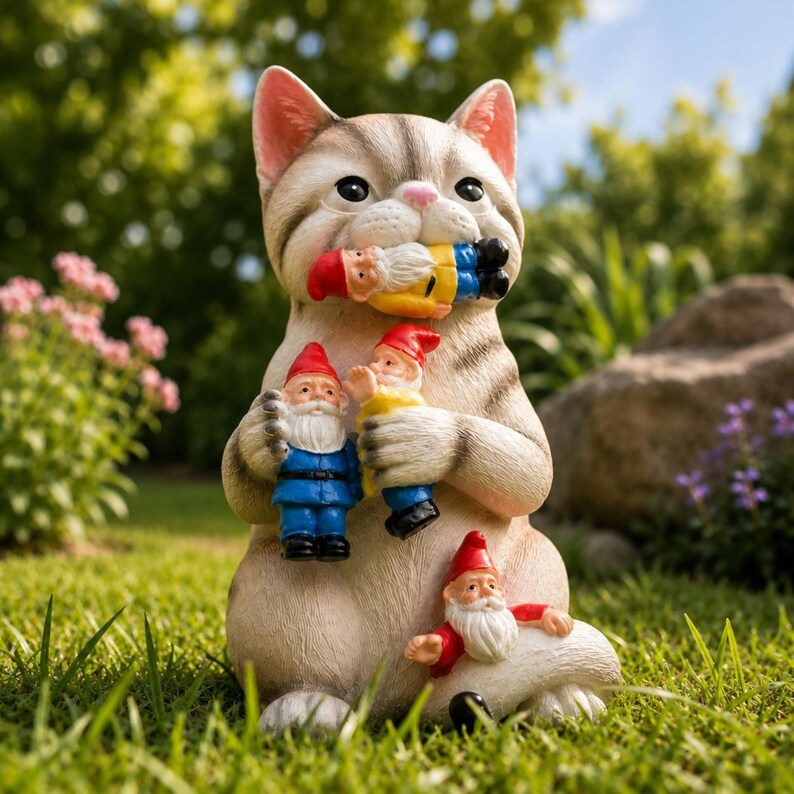 Figurine de chat en résine avec nains, décoration de jardin miniature, ornement extérieur 17,5 cm