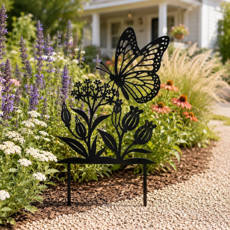 Piquet de jardin en métal noir avec papillon pour parterres de fleurs et jardins de cottage