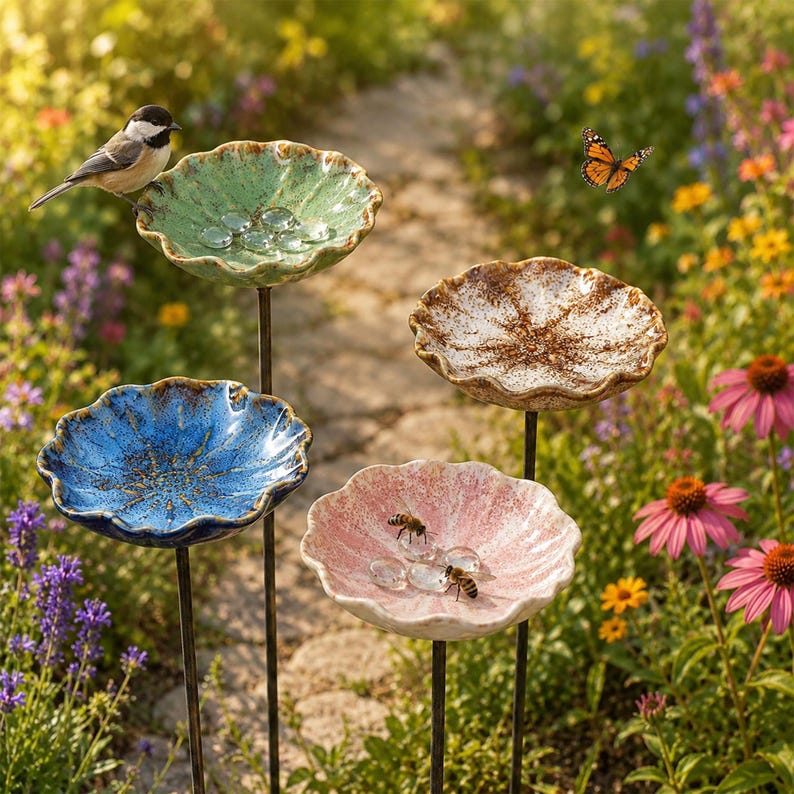 Abreuvoir pour abeilles en céramique avec piquet, décor de jardin pour oiseaux