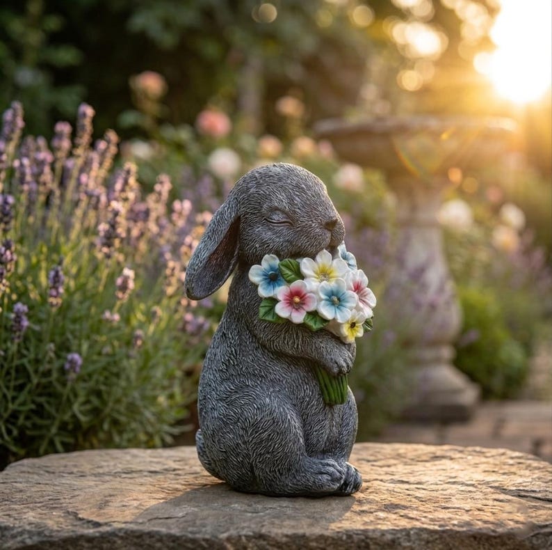 Statue de jardin lapin résine avec fleurs, figurine décoration extérieure, gris coloré