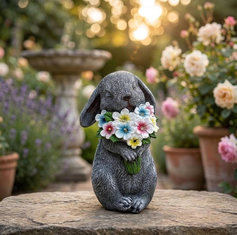 Statue de jardin lapin résine avec fleurs, figurine décoration extérieure, gris coloré