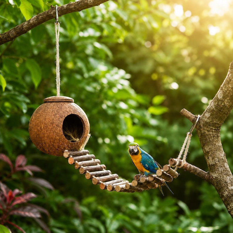 Cabane suspendue noix de coco avec pont en bois, mangeoire pour oiseaux de jardin naturel