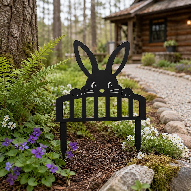 Pieu de jardin lapin, décoration de pelouse métallique pour parterre de fleurs, extérieur printemps, lapin regardant par-dessus une clôture