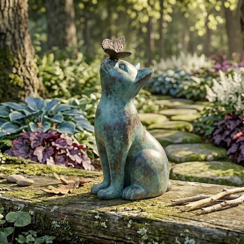 Statue de jardin chat avec papillon, finition bronze rustique, décoration animalière d'extérieur, 20 cm