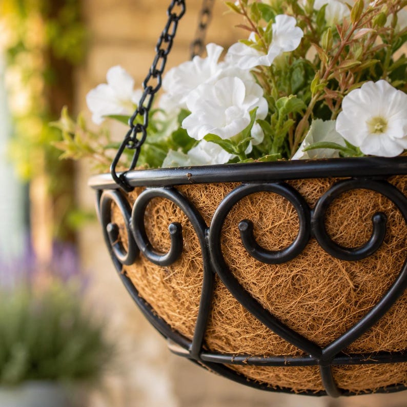 Jardinière suspendue en métal coeur avec doublure en noix de coco pour décoration de jardin terrasse