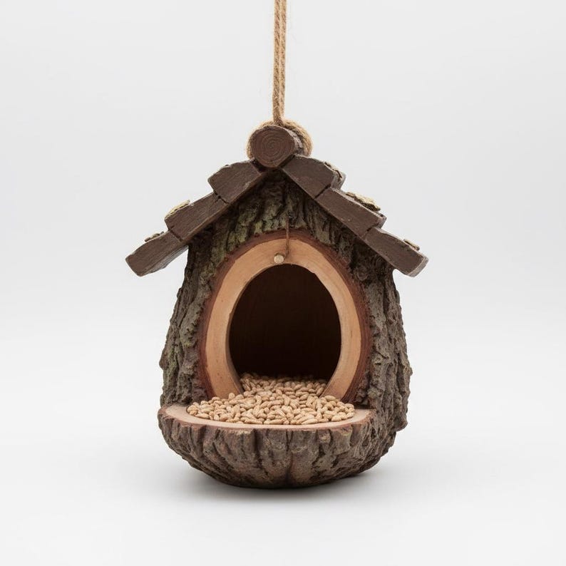 Mangeoire à oiseaux suspendue en résine, cabane dans les arbres, décoration de jardin boisé brun