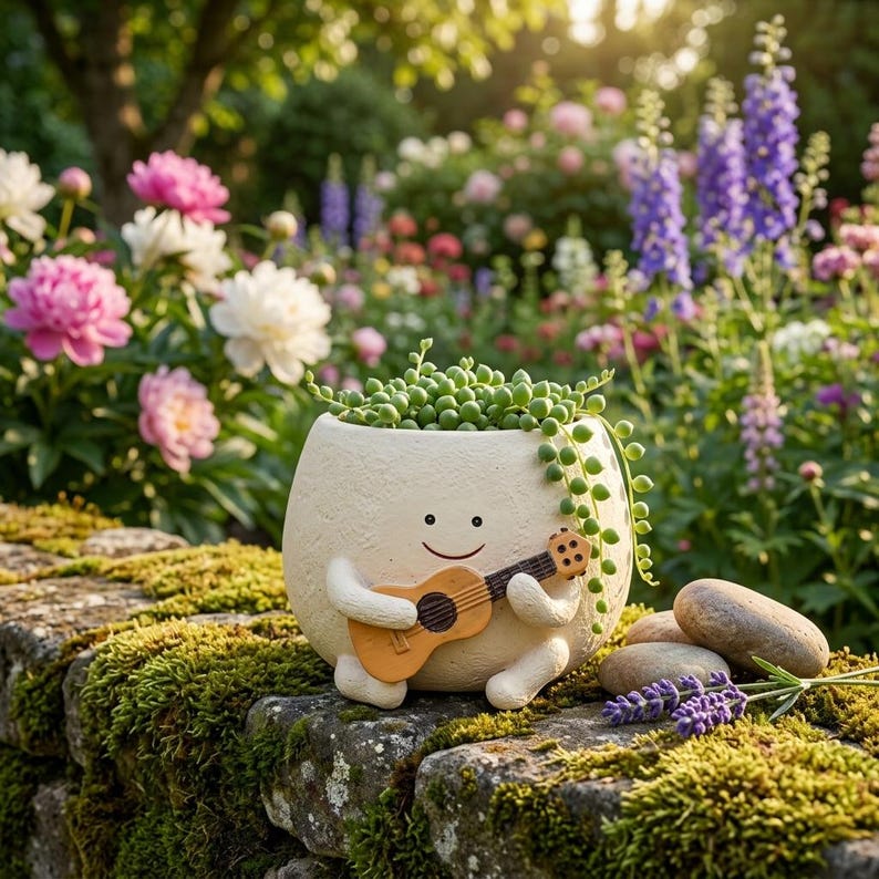 Pot guitare souriant en résine – Pour succulentes, déco kawaii intérieur/extérieur, 10 x 11 cm