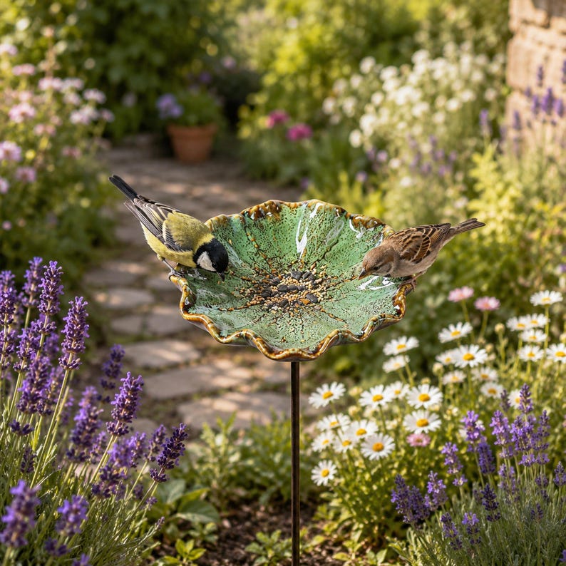 Mangeoire à oiseaux et bain pour pollinisateurs en céramique émaillée avec piquet réglable