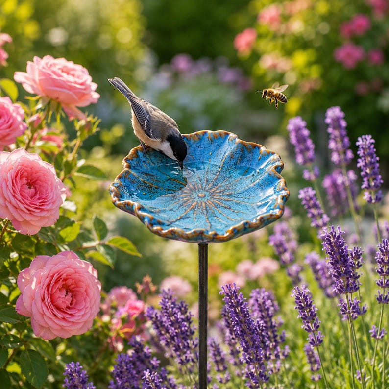 Abreuvoir pour abeilles en céramique avec piquet, décor de jardin pour oiseaux