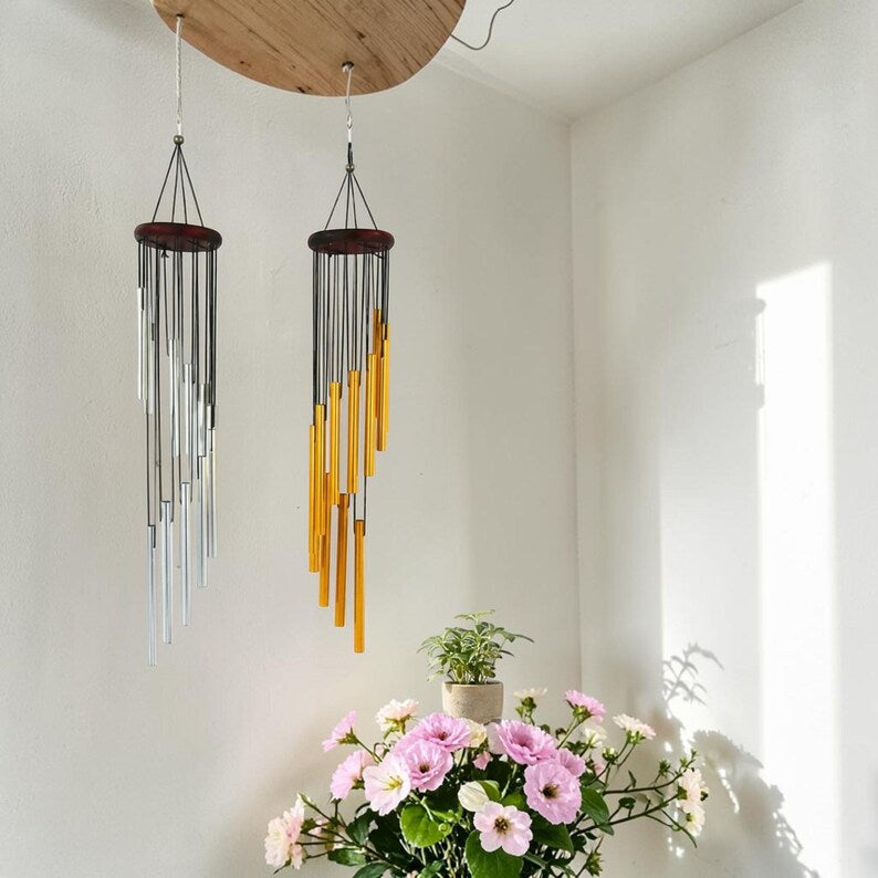 Carillon éolien en aluminium 12 tubes, or ou argent, extérieur jardin