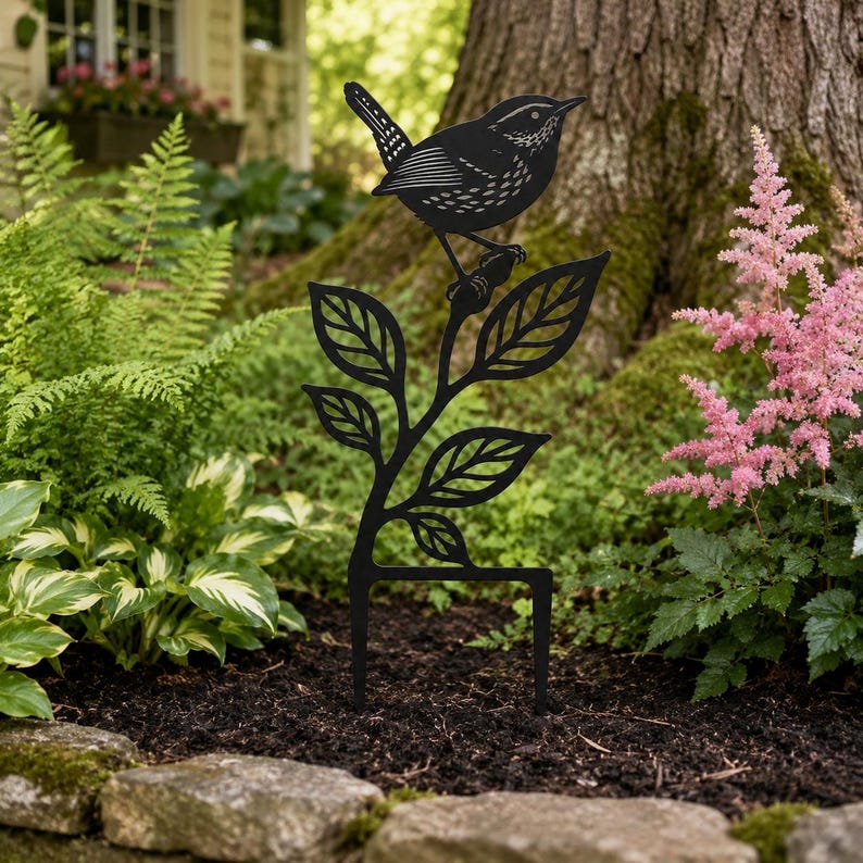 Piquet de jardin oiseau chanteur en métal noir, décoration extérieure silhouette