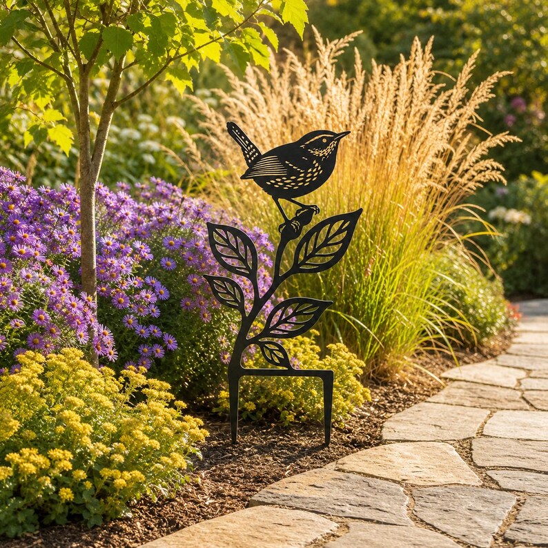 Piquet de jardin oiseau chanteur en métal noir, décoration extérieure silhouette