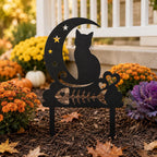 Pieu de jardin en métal noir avec chat sur croissant de lune, décoration de pelouse fantaisiste, extérieur
