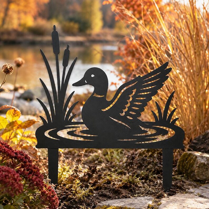 Pieu de jardin métallique canard étang, décoration silhouette quenouilles, accent de pelouse lac