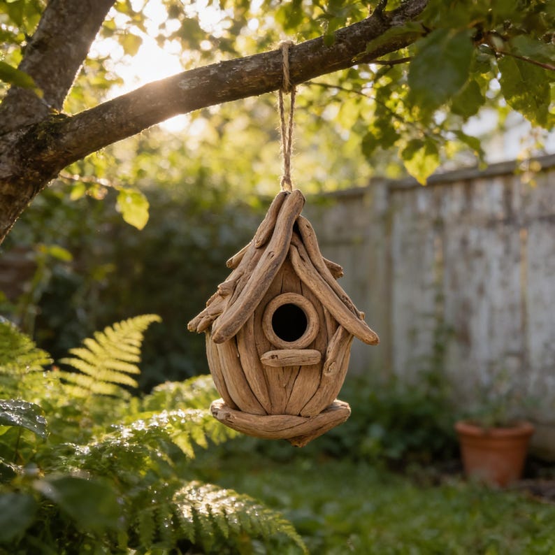 Cabane à oiseaux en bois flotté pour jardin | Texture réaliste | Résistante aux intempéries
