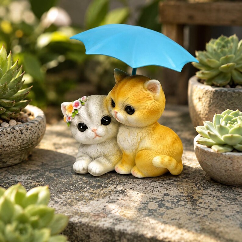 Figurine Couple de Chats Sous un Parapluie Bleu avec Couronne de Fleurs, Décoration Peinte à la Main