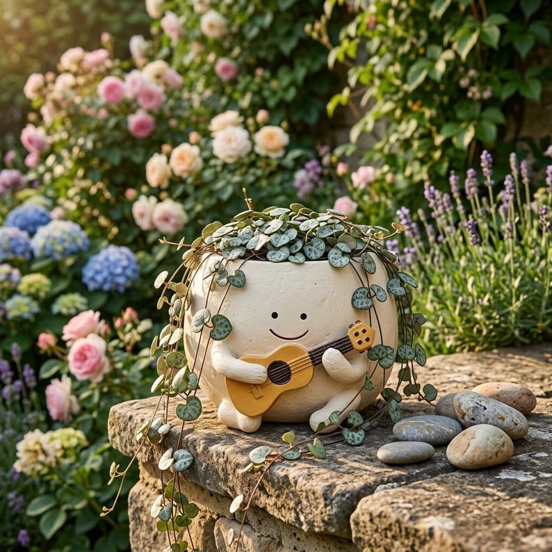 Pot guitare souriant en résine – Pour succulentes, déco kawaii intérieur/extérieur, 10 x 11 cm
