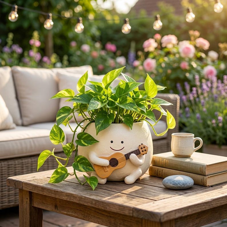 Pot guitare souriant en résine – Pour succulentes, déco kawaii intérieur/extérieur, 10 x 11 cm