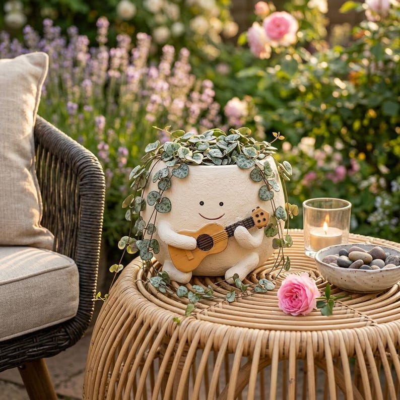 Pot guitare souriant en résine – Pour succulentes, déco kawaii intérieur/extérieur, 10 x 11 cm