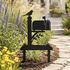 Piquet de jardin en métal noir silhouette boîte aux lettres oiseau perché branches feuillues