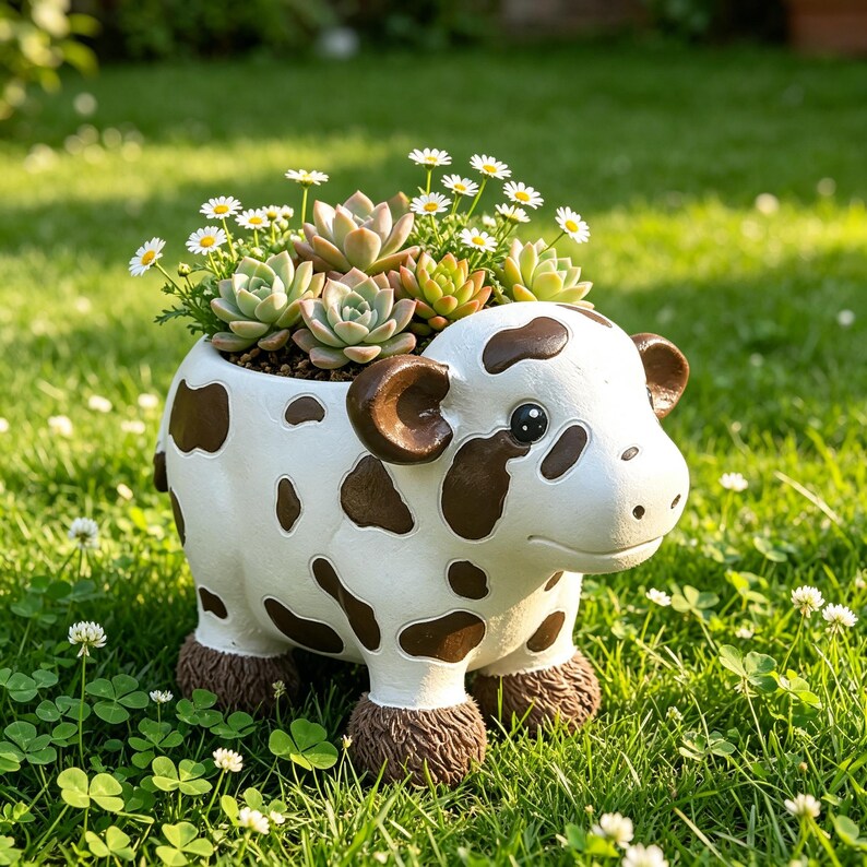 Pot de fleurs en résine pour plantes succulentes, motif vache tachetée, style vintage