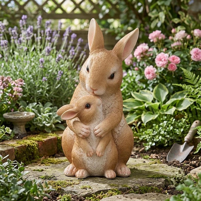 Statuette de jardin famille de lapins en résine, décoration extérieure style boisé, figurine peinte à la main pour patio et jardin