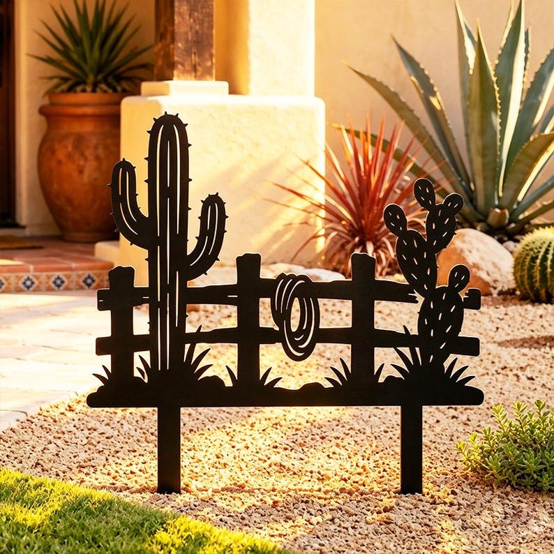 Piquet de jardin en métal orné d'un cactus saguaro et d'une corde, décoration de jardin style désert
