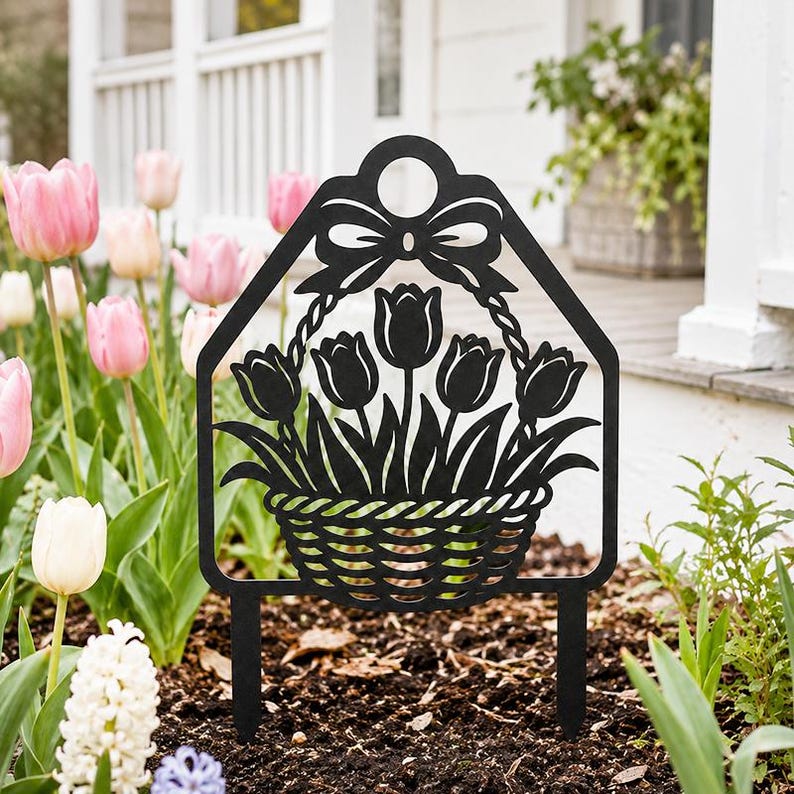 Piquet de jardin métal noir panier de tulipes, décoration florale printemps, 20-76 cm