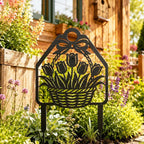 Piquet de jardin métal noir panier de tulipes, décoration florale printemps, 20-76 cm