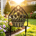 Piquet de jardin métal noir panier de tulipes, décoration florale printemps, 20-76 cm
